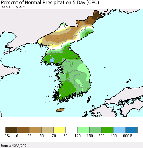 Korea Percent of Normal Precipitation 5-Day (CPC) Thematic Map For 9/11/2023 - 9/15/2023