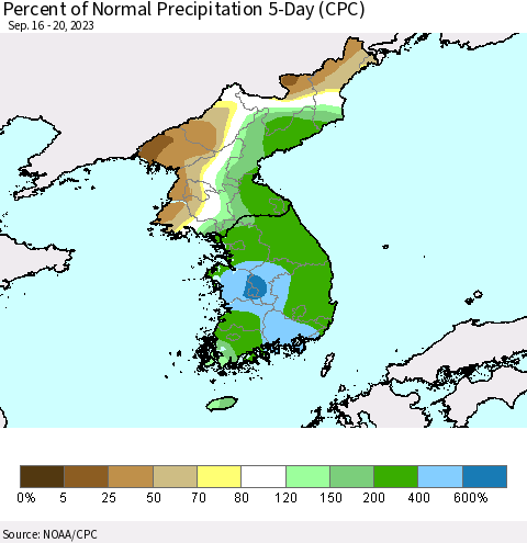Korea Percent of Normal Precipitation 5-Day (CPC) Thematic Map For 9/16/2023 - 9/20/2023