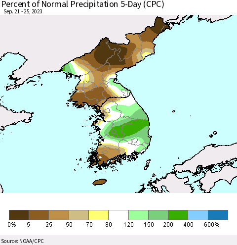 Korea Percent of Normal Precipitation 5-Day (CPC) Thematic Map For 9/21/2023 - 9/25/2023
