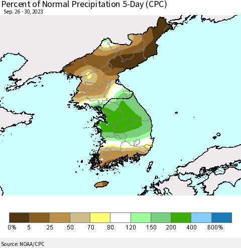 Korea Percent of Normal Precipitation 5-Day (CPC) Thematic Map For 9/26/2023 - 9/30/2023