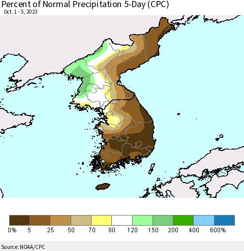 Korea Percent of Normal Precipitation 5-Day (CPC) Thematic Map For 10/1/2023 - 10/5/2023