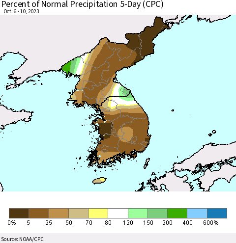 Korea Percent of Normal Precipitation 5-Day (CPC) Thematic Map For 10/6/2023 - 10/10/2023