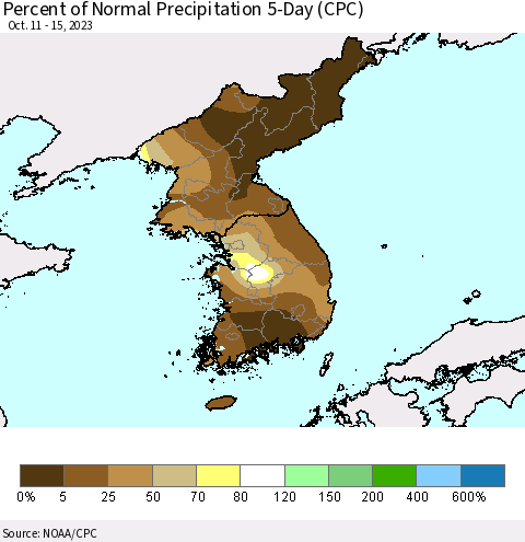 Korea Percent of Normal Precipitation 5-Day (CPC) Thematic Map For 10/11/2023 - 10/15/2023