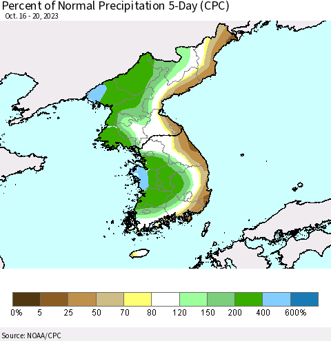 Korea Percent of Normal Precipitation 5-Day (CPC) Thematic Map For 10/16/2023 - 10/20/2023