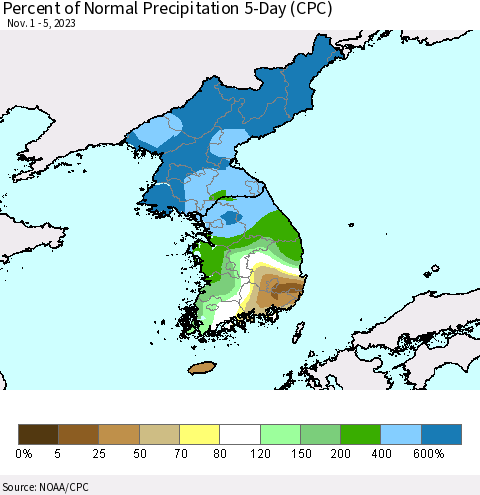 Korea Percent of Normal Precipitation 5-Day (CPC) Thematic Map For 11/1/2023 - 11/5/2023