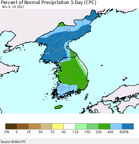 Korea Percent of Normal Precipitation 5-Day (CPC) Thematic Map For 11/6/2023 - 11/10/2023
