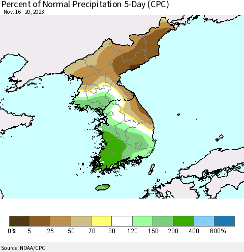Korea Percent of Normal Precipitation 5-Day (CPC) Thematic Map For 11/16/2023 - 11/20/2023