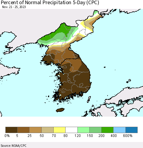 Korea Percent of Normal Precipitation 5-Day (CPC) Thematic Map For 11/21/2023 - 11/25/2023