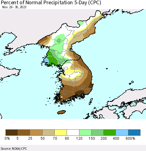 Korea Percent of Normal Precipitation 5-Day (CPC) Thematic Map For 11/26/2023 - 11/30/2023