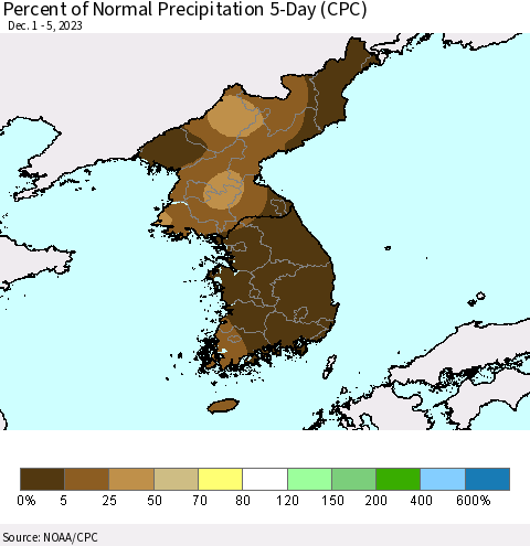 Korea Percent of Normal Precipitation 5-Day (CPC) Thematic Map For 12/1/2023 - 12/5/2023