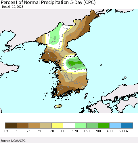 Korea Percent of Normal Precipitation 5-Day (CPC) Thematic Map For 12/6/2023 - 12/10/2023