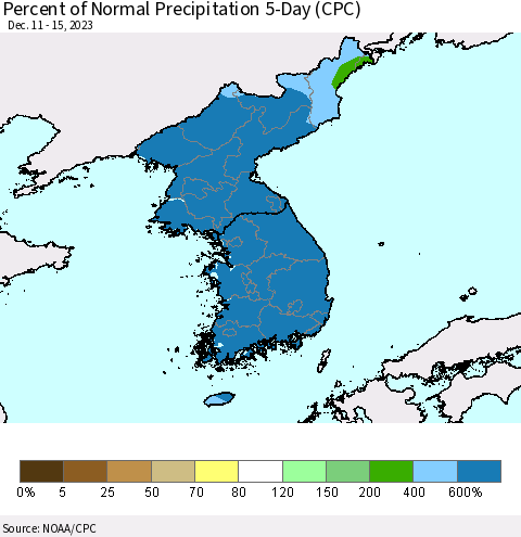 Korea Percent of Normal Precipitation 5-Day (CPC) Thematic Map For 12/11/2023 - 12/15/2023