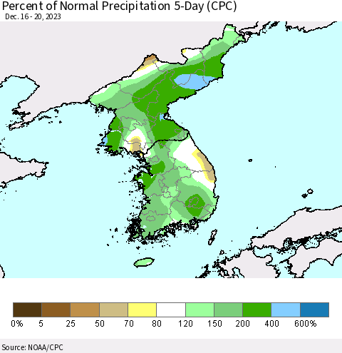 Korea Percent of Normal Precipitation 5-Day (CPC) Thematic Map For 12/16/2023 - 12/20/2023