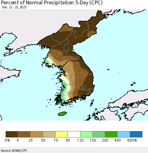 Korea Percent of Normal Precipitation 5-Day (CPC) Thematic Map For 12/21/2023 - 12/25/2023
