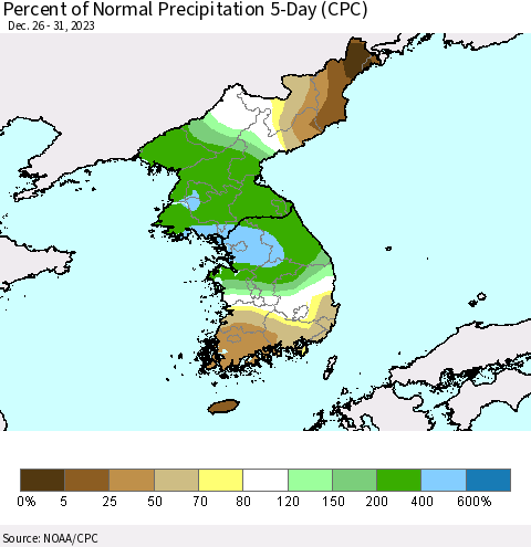 Korea Percent of Normal Precipitation 5-Day (CPC) Thematic Map For 12/26/2023 - 12/31/2023