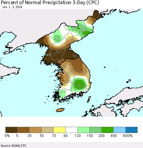 Korea Percent of Normal Precipitation 5-Day (CPC) Thematic Map For 1/1/2024 - 1/5/2024