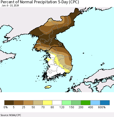 Korea Percent of Normal Precipitation 5-Day (CPC) Thematic Map For 1/6/2024 - 1/10/2024