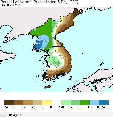 Korea Percent of Normal Precipitation 5-Day (CPC) Thematic Map For 1/11/2024 - 1/15/2024