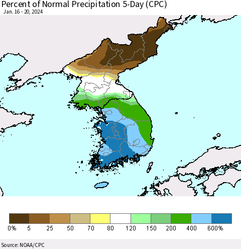 Korea Percent of Normal Precipitation 5-Day (CPC) Thematic Map For 1/16/2024 - 1/20/2024