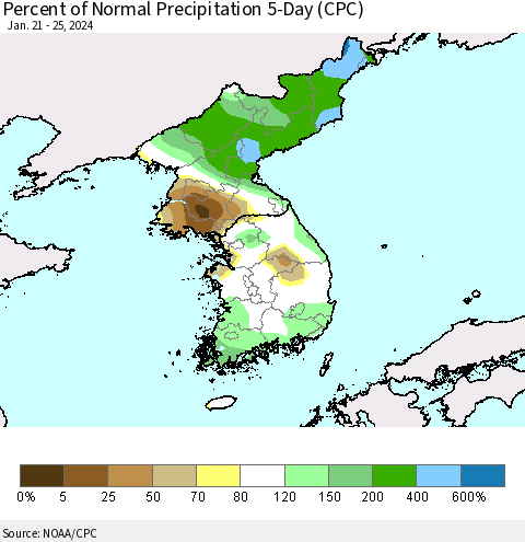 Korea Percent of Normal Precipitation 5-Day (CPC) Thematic Map For 1/21/2024 - 1/25/2024