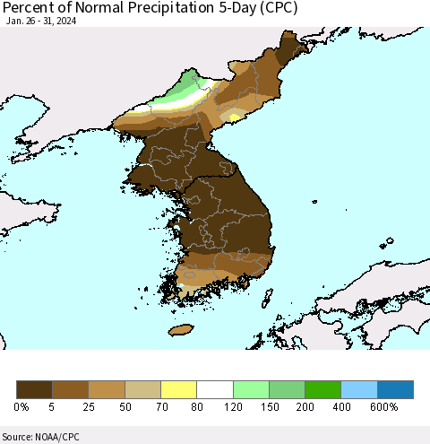Korea Percent of Normal Precipitation 5-Day (CPC) Thematic Map For 1/26/2024 - 1/31/2024