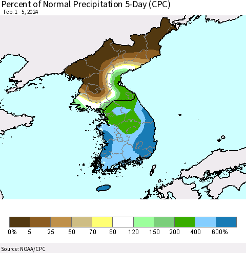 Korea Percent of Normal Precipitation 5-Day (CPC) Thematic Map For 2/1/2024 - 2/5/2024