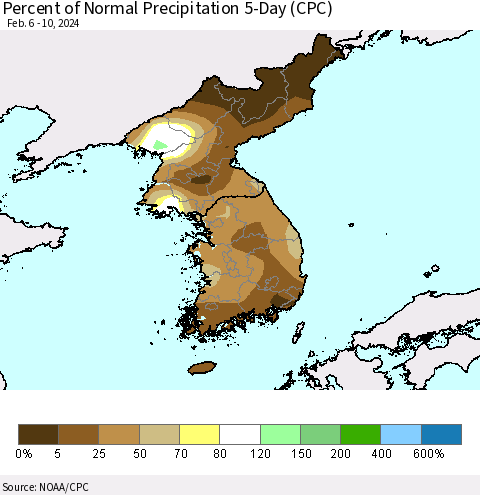 Korea Percent of Normal Precipitation 5-Day (CPC) Thematic Map For 2/6/2024 - 2/10/2024