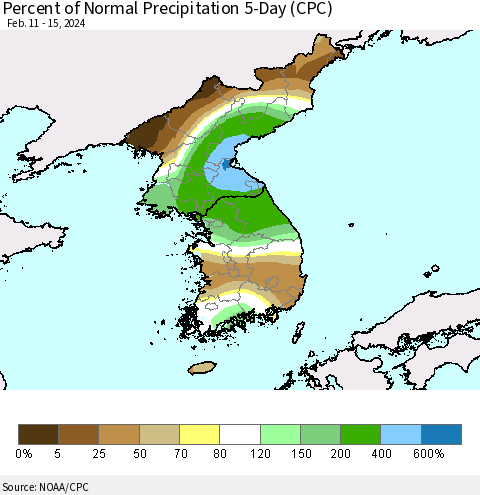 Korea Percent of Normal Precipitation 5-Day (CPC) Thematic Map For 2/11/2024 - 2/15/2024