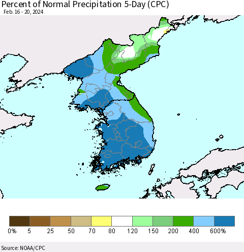 Korea Percent of Normal Precipitation 5-Day (CPC) Thematic Map For 2/16/2024 - 2/20/2024