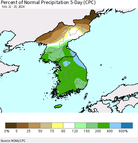 Korea Percent of Normal Precipitation 5-Day (CPC) Thematic Map For 2/21/2024 - 2/25/2024