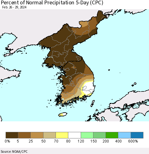 Korea Percent of Normal Precipitation 5-Day (CPC) Thematic Map For 2/26/2024 - 2/29/2024