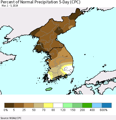 Korea Percent of Normal Precipitation 5-Day (CPC) Thematic Map For 3/1/2024 - 3/5/2024