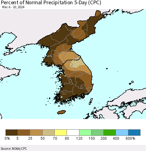 Korea Percent of Normal Precipitation 5-Day (CPC) Thematic Map For 3/6/2024 - 3/10/2024
