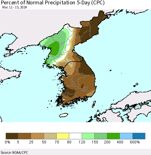 Korea Percent of Normal Precipitation 5-Day (CPC) Thematic Map For 3/11/2024 - 3/15/2024