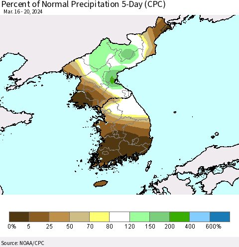 Korea Percent of Normal Precipitation 5-Day (CPC) Thematic Map For 3/16/2024 - 3/20/2024