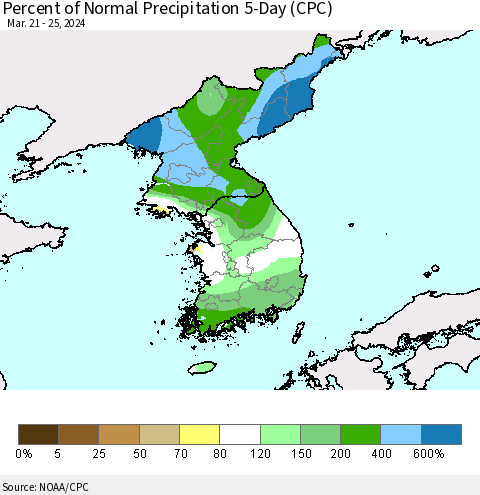 Korea Percent of Normal Precipitation 5-Day (CPC) Thematic Map For 3/21/2024 - 3/25/2024