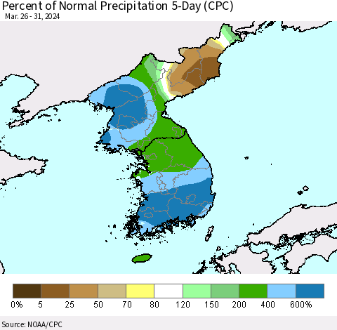 Korea Percent of Normal Precipitation 5-Day (CPC) Thematic Map For 3/26/2024 - 3/31/2024