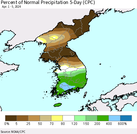 Korea Percent of Normal Precipitation 5-Day (CPC) Thematic Map For 4/1/2024 - 4/5/2024