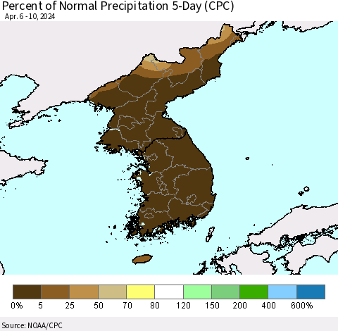 Korea Percent of Normal Precipitation 5-Day (CPC) Thematic Map For 4/6/2024 - 4/10/2024