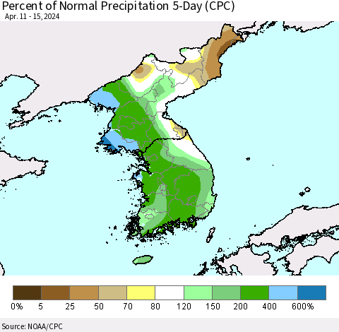 Korea Percent of Normal Precipitation 5-Day (CPC) Thematic Map For 4/11/2024 - 4/15/2024