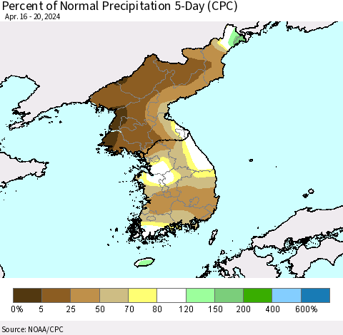 Korea Percent of Normal Precipitation 5-Day (CPC) Thematic Map For 4/16/2024 - 4/20/2024