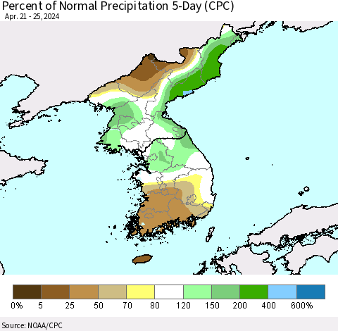 Korea Percent of Normal Precipitation 5-Day (CPC) Thematic Map For 4/21/2024 - 4/25/2024