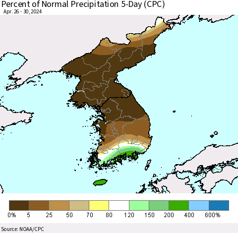 Korea Percent of Normal Precipitation 5-Day (CPC) Thematic Map For 4/26/2024 - 4/30/2024