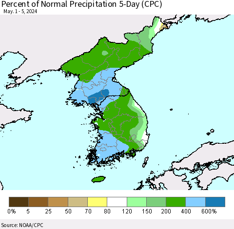 Korea Percent of Normal Precipitation 5-Day (CPC) Thematic Map For 5/1/2024 - 5/5/2024