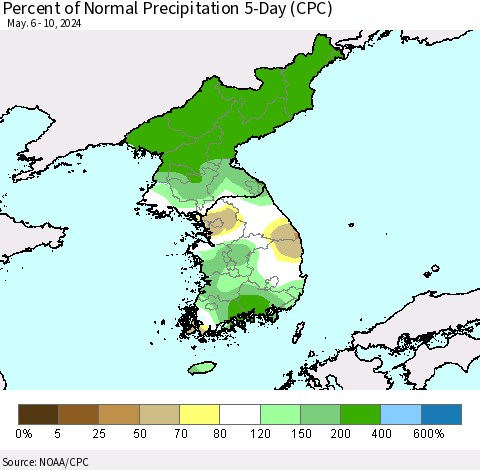 Korea Percent of Normal Precipitation 5-Day (CPC) Thematic Map For 5/6/2024 - 5/10/2024