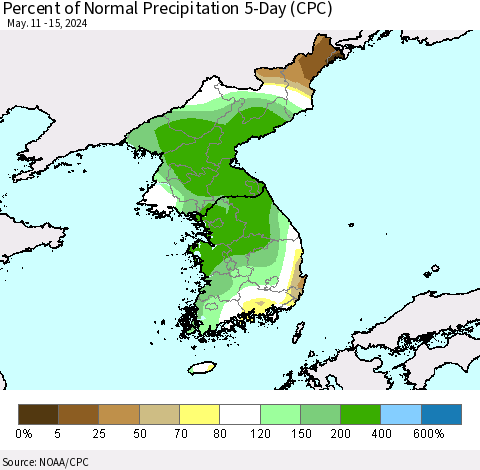 Korea Percent of Normal Precipitation 5-Day (CPC) Thematic Map For 5/11/2024 - 5/15/2024