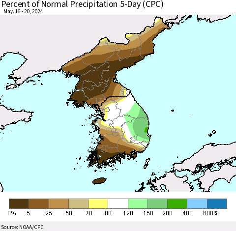 Korea Percent of Normal Precipitation 5-Day (CPC) Thematic Map For 5/16/2024 - 5/20/2024