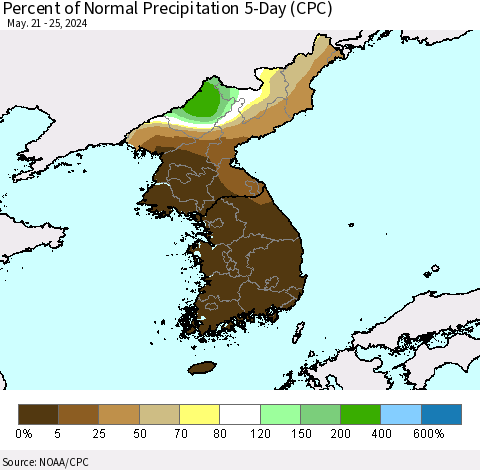 Korea Percent of Normal Precipitation 5-Day (CPC) Thematic Map For 5/21/2024 - 5/25/2024