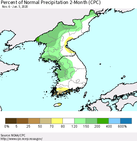 Korea Percent of Normal Precipitation 2-Month (CPC) Thematic Map For 11/6/2019 - 1/5/2020