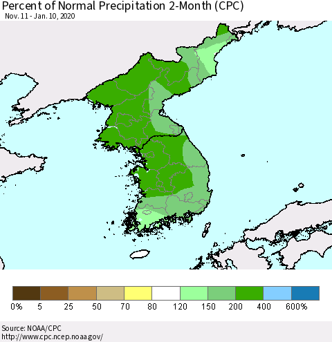 Korea Percent of Normal Precipitation 2-Month (CPC) Thematic Map For 11/11/2019 - 1/10/2020